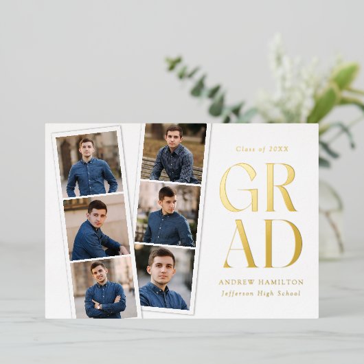 Moderne Filmstrip Gold 6 Foto Afstuderen Folie Uitnodiging (Staand Voorkant)