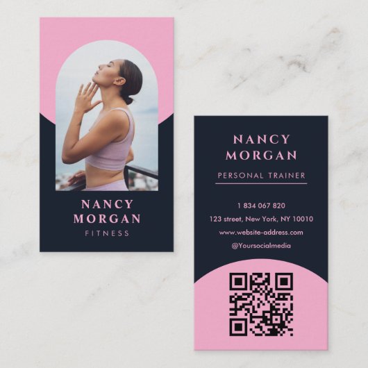 Moderne Fitness Arch Foto QR Code Blush Roze Visitekaartje (Voorkant / Achterkant)