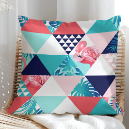Moderne Flamingo Geometrisch Patroon (Blauw & Kora Kussen