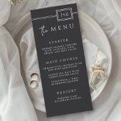 Moderne Flat Black Minimalist Monogram Wedding Men Menu