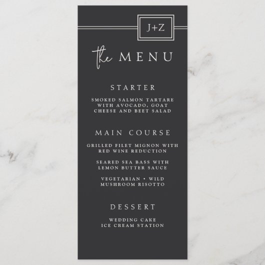 Moderne Flat Black Minimalist Monogram Wedding Men Menu (Voorkant)