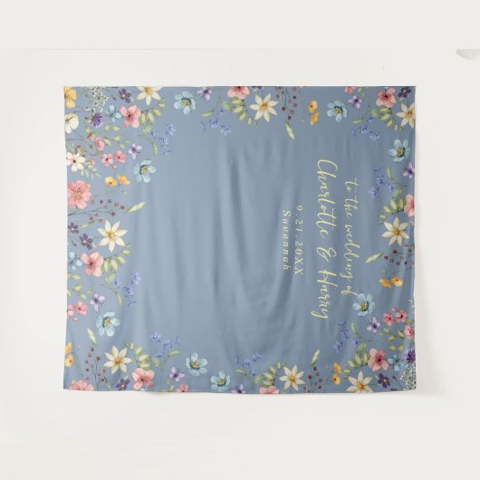 Moderne Flora Blauw Huwelijksfoto Achtergrond Wandkleed (Voorkant (horizontaal))