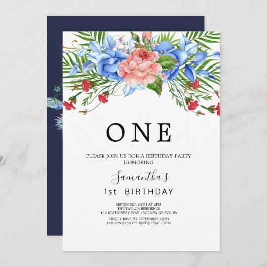 Moderne flora Eerste Verjaardagsfeest Kaart (Voorkant / Achterkant)