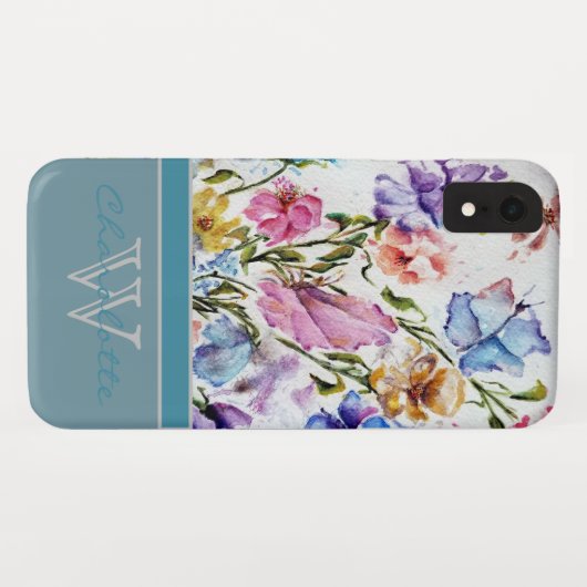 Moderne flora en vlinder met Blauwgroen monogram Case-Mate iPhone Case (Achterkant (horizontaal))