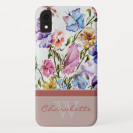 Moderne flora en vlinder met zwarte monogram Case-Mate iPhone case