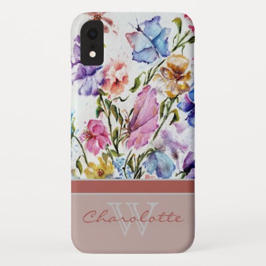 Moderne flora en vlinder met zwarte monogram Case-Mate iPhone case (Achterkant)