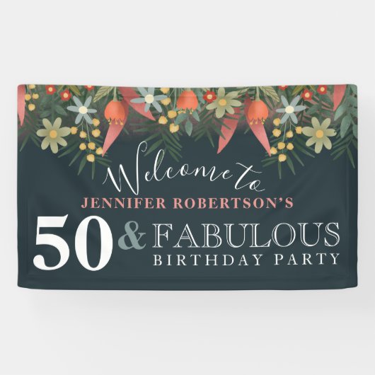 Moderne Floral 50 en Fabulous Birthday Party Spandoek (Horizontaal)