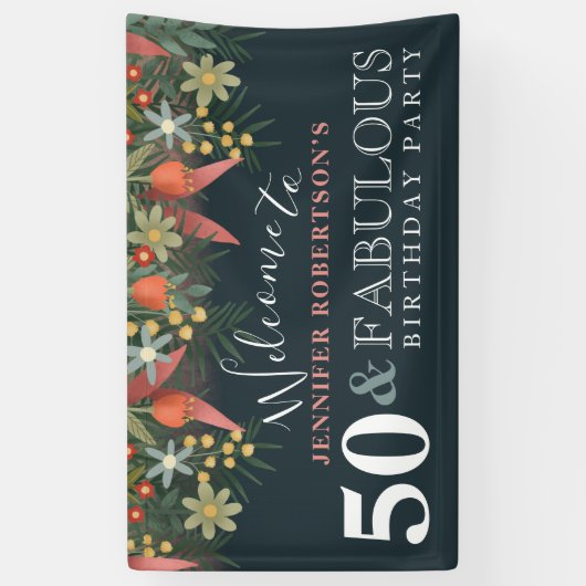 Moderne Floral 50 en Fabulous Birthday Party Spandoek (Verticaal)