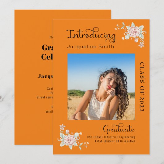 Moderne Floral Afstuderen 2022 Foto-uitnodiging Kaart (Voorkant / Achterkant)