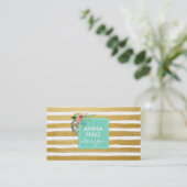 Moderne Floral Aqua en Gold Folie Stripes Visitekaartje (Staand voorkant)