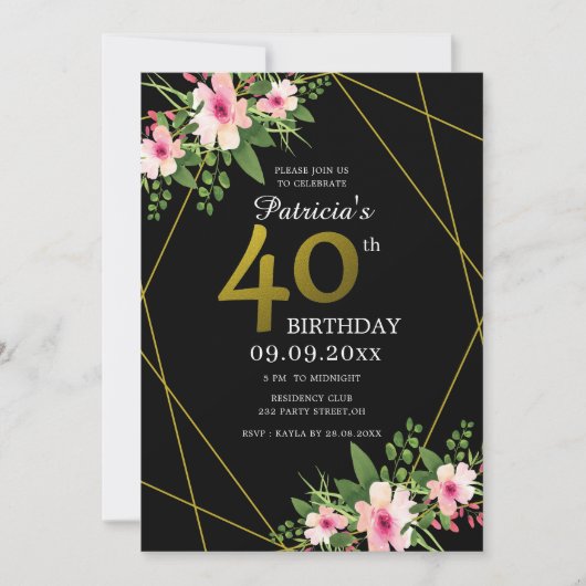 Moderne Floral Black en Gold 40e verjaardag Kaart (Voorkant)