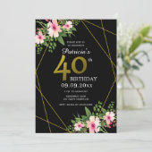 Moderne Floral Black en Gold 40e verjaardag Kaart (Staand voorkant)