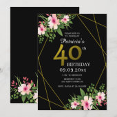 Moderne Floral Black en Gold 40e verjaardag Kaart (Voorkant / Achterkant)