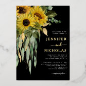 Moderne Floral Black Wedding Gold Foil uitnodiging (Voorkant)