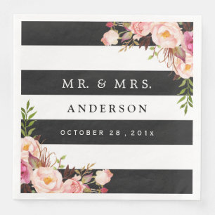 Moderne  Floral Black White Stripes Wedding Servet