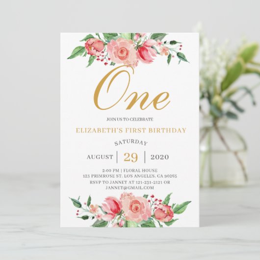 Moderne Floral Blush Pink Gold Waterverf Birthday Kaart (Staand voorkant)