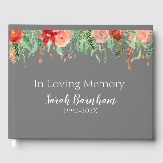 Moderne Floral Border on Grey Memorial Gastenboek (Voorkant)