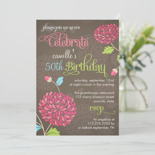 Moderne Floral Brown & Roze Fancy Birthday Party Kaart (Staand voorkant)