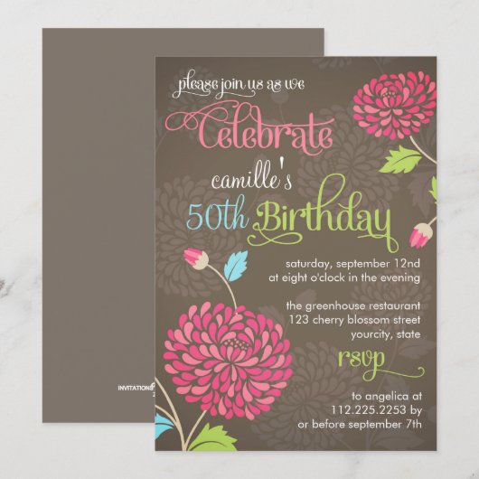 Moderne Floral Brown & Roze Fancy Birthday Party Kaart (Voorkant / Achterkant)