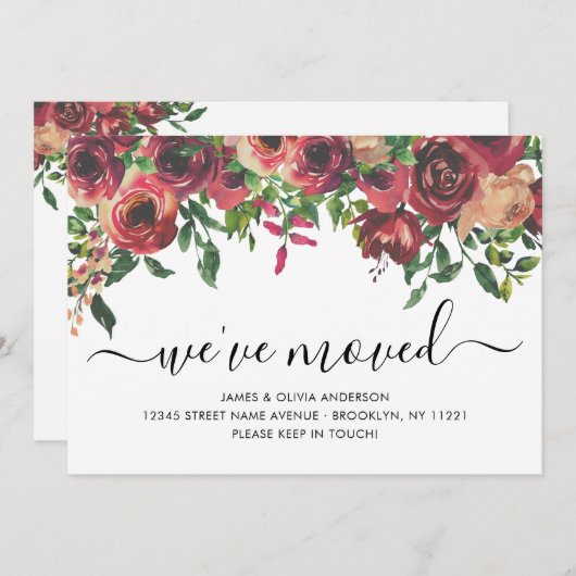 Moderne Floral Burgundy We hebben New Home Moving Aankondiging (Voorkant / Achterkant)