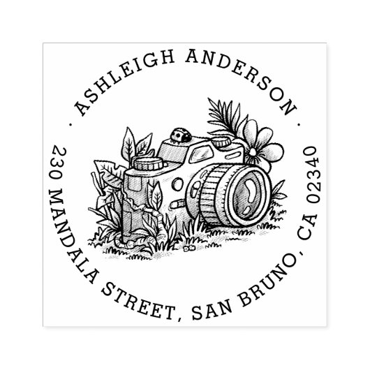 Moderne Floral Camera Naam & Rond Terugkeeradres Rubberstempel (Afrduk)