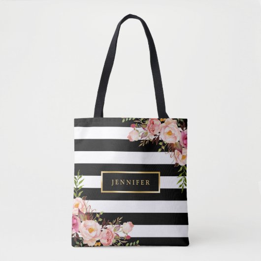 Moderne  Floral Classic Black White Stripes Tote Bag (Voorkant)