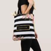 Moderne  Floral Classic Black White Stripes Tote Bag (Dichtbij)