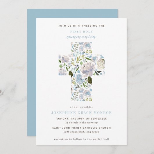 Moderne Floral Cross Light Blue First Community Kaart (Voorkant / Achterkant)