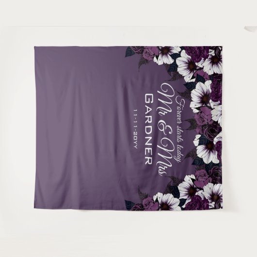 Moderne Floral Dark Paarse foto-achtergrond bruilo Wandkleed (Voorkant (horizontaal))