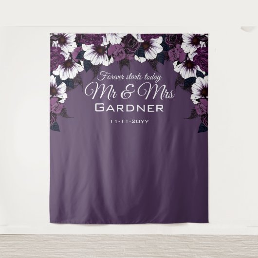 Moderne Floral Dark Paarse foto-achtergrond bruilo Wandkleed (Voorkant)