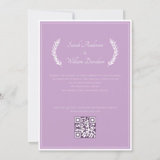 Moderne Floral Elegante Lavendel QR Code Bruiloft Kaart (Voorkant)