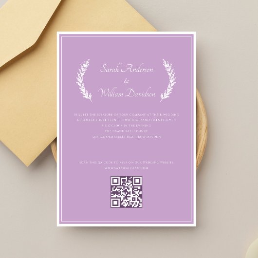 Moderne Floral Elegante Lavendel QR Code Bruiloft Kaart