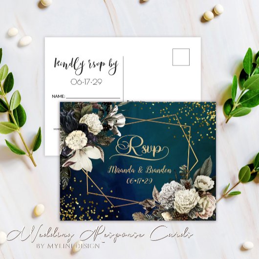 Moderne Floral Emerald Green Gold Wedding RSVP Kaa Aankondigingskaart