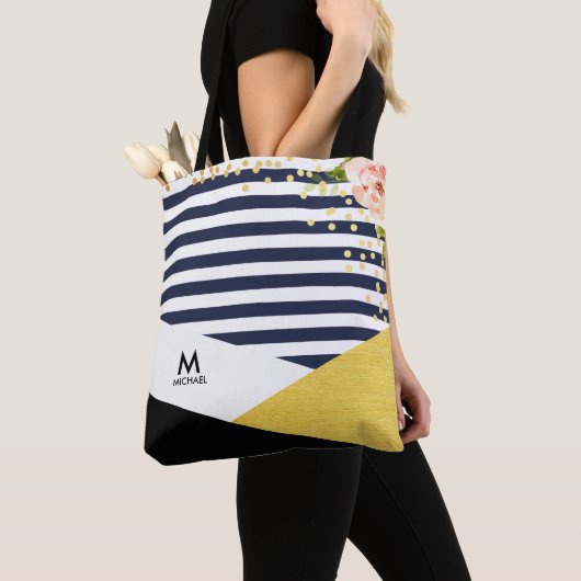 Moderne Floral Gold Foil en Navy Blue Stripe Style Tote Bag (Dichtbij)