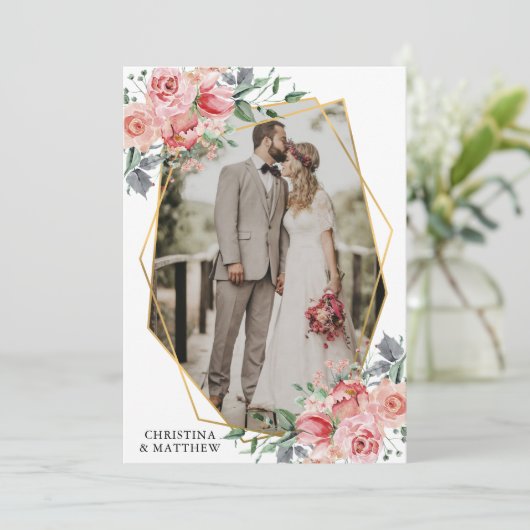 Moderne Floral Gold Geometrische bruiloft FOTO Bedankkaart (Staand voorkant)