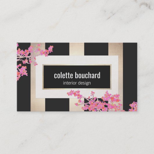 Moderne  Floral Gold Stripes Designer Visitekaartje (Voorkant)