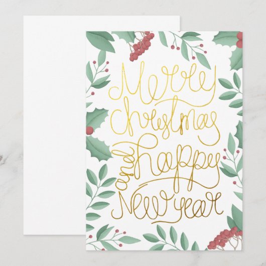 Moderne Floral Gouache Gold-kerstkaart (Voorkant / Achterkant)