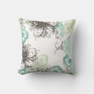 Moderne Floral  Grafische Flowers Aqua Black Kussen