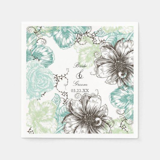 Moderne Floral  Grafische Flowers Aqua Black Servetten (Voorkant)