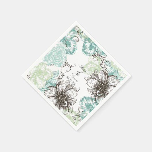 Moderne Floral  Grafische Flowers Aqua Black Servetten (Hoek)