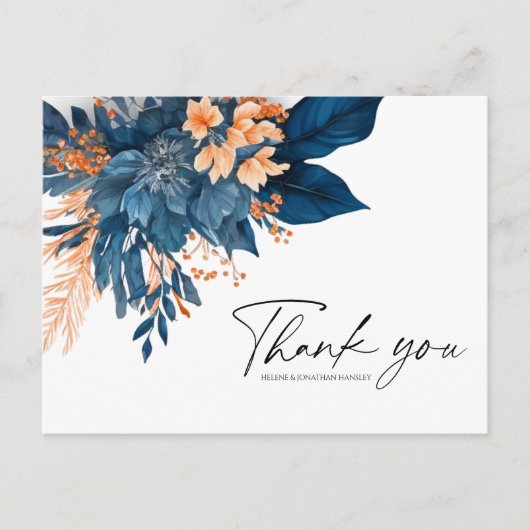 Moderne Floral Indigo Roest Bruiloft Dank u Briefkaart (Voorkant)