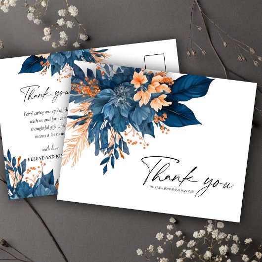 Moderne Floral Indigo Roest Bruiloft Dank u Briefkaart