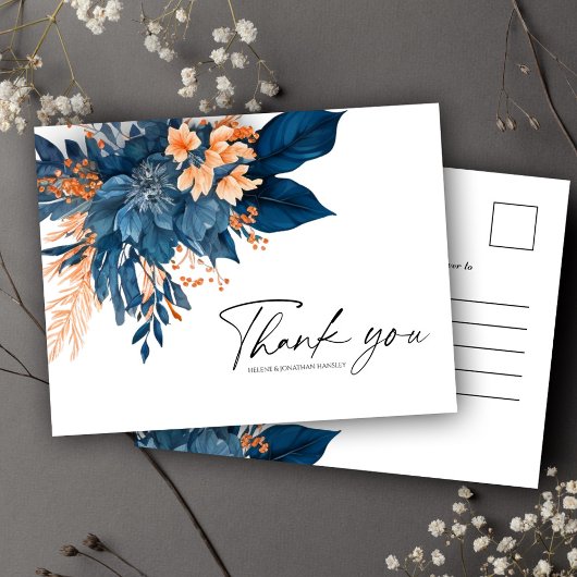 Moderne Floral Indigo Roest Bruiloft Dank u Briefkaart