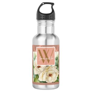Moderne Floral Magnolia Roos Gold Monogram Naam to Waterfles