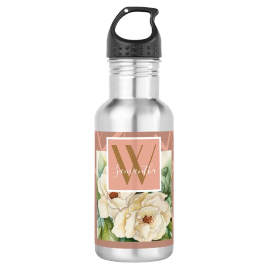 Moderne Floral Magnolia Roos Gold Monogram Naam to Waterfles (Voorkant)