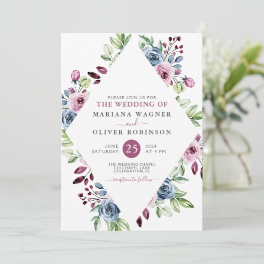 Moderne Floral Navy Bourgondië bruiloft Kaart (Staand voorkant)