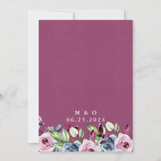 Moderne Floral Navy Bourgondië bruiloft Kaart (Achterkant)