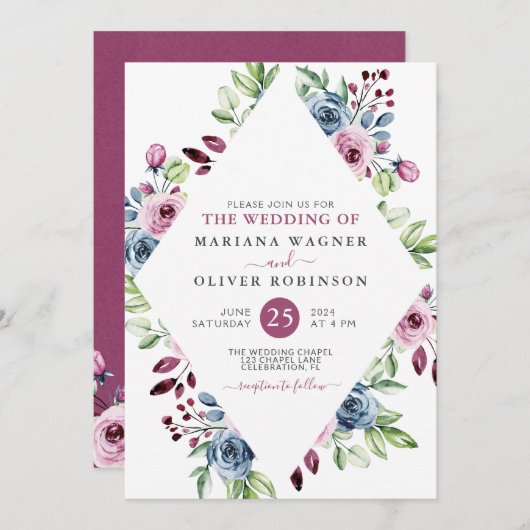 Moderne Floral Navy Bourgondië bruiloft Kaart (Voorkant / Achterkant)