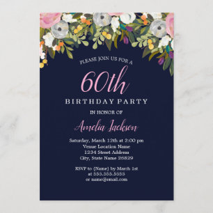 Moderne Floral Navy Pink 60th Birthday Kaart