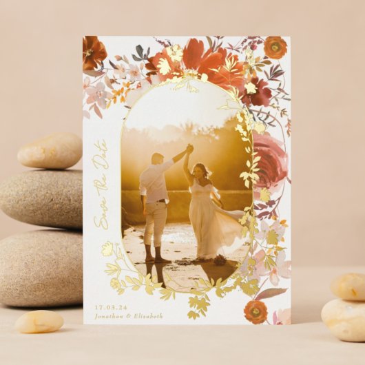 Moderne Floral Oval Photo Save the Date Gold Folie Uitnodiging